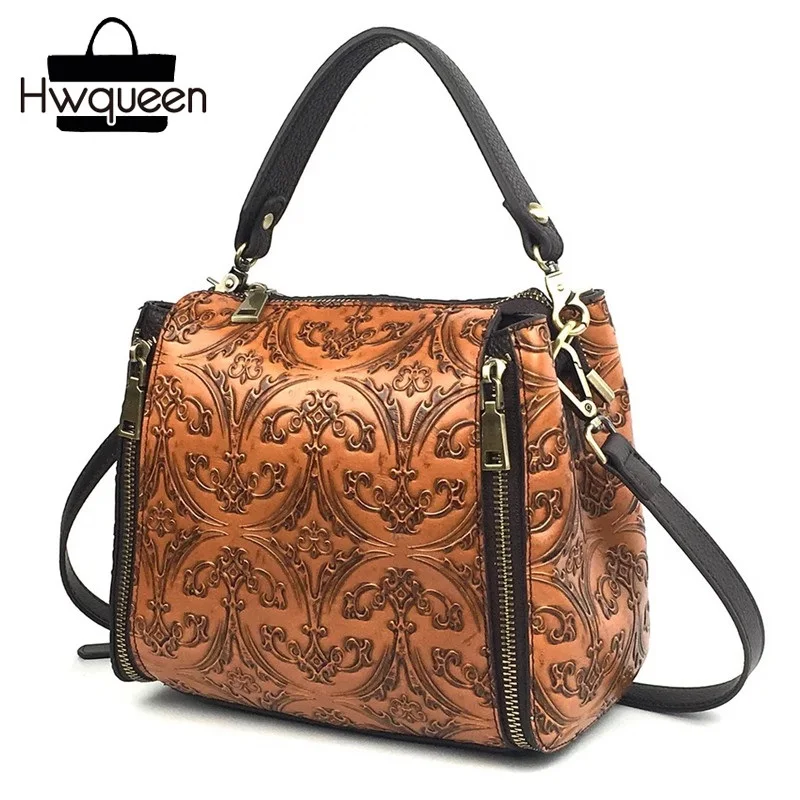 

Vintage Embossing Designer Genuine Cow Leather Woman Small Handbag Zipper Closure Female Mini Purse Lady Crossbody Shoulder Bag