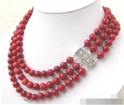 

Free Shipping Hot sale >>>>>3 Rows Red Coral 18KWGP Flower Clasp Necklace