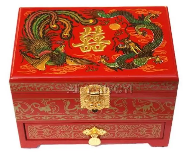 Chinese 3 Layer Wood Storage Dragon Phoenix Jewelry Box with Mirror Wedding Bangle Jewellery Display Box Container Carrying Case