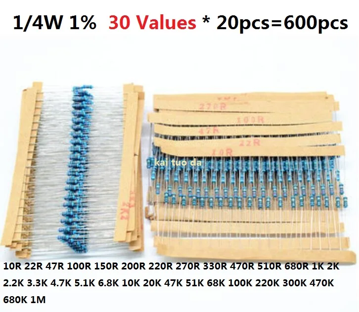 30Values*20pcs=600pcs 1/4W Metal Film Resistor Kit 1% Assorted Kit Set 1K 10K 470R 510R 680R 2K 2.2K 3.3K 4.7K 5.1K 6.8K 20K 47K