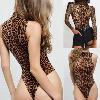 

Hot Sexy Leopard Bodysuit For Women Turtleneck Sleeveless Playsuit Printed Romper Jumpsuits Bodycon Skinny Body Suit