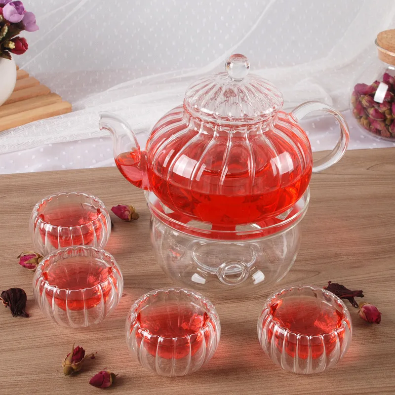 

1 ECO-friendly High-grade Thickening Pumpkin Glass Teapot 600ml + 1 Warmer Base + 4 Double Tea Cups 8pcs/ Set Coffee&Tea Set