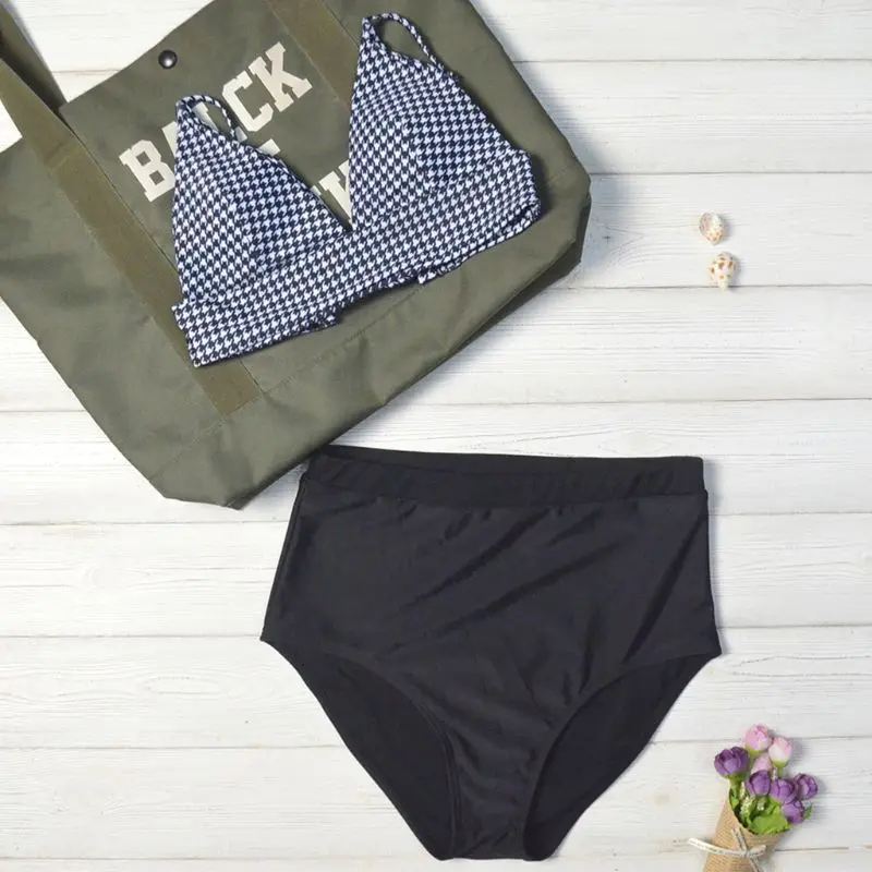 

Women Sexy V-Neck Two Piece Bikini Set Vintage Plaid Cross Lace Up Backless Bralette Tops High Waist Thong Swimsuit Bathing Suit
