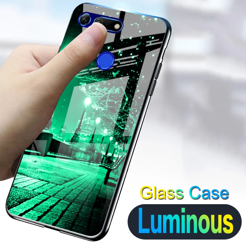

Starry night Shine luxury Case For Huawei honor V9 V10 V20 Tempered glass Luminous silicone cover For Huawei Honor view 10 20