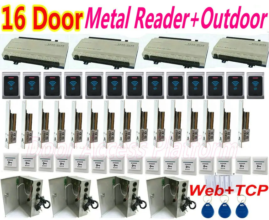 

16 Door OutDoor Metal Reader Kit Controller Panel Web Interface+PC Software control+Drop Bolt lock+UPS Power Supply+Exit button