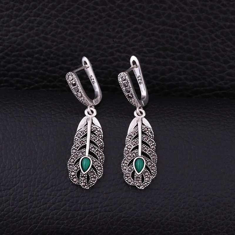 Sellsets New Vintage Silver Color Feather Earring Black CZ Rhinestone Dangle Drop Earrings Women Jewelry Party Gift - Окраска металла: green