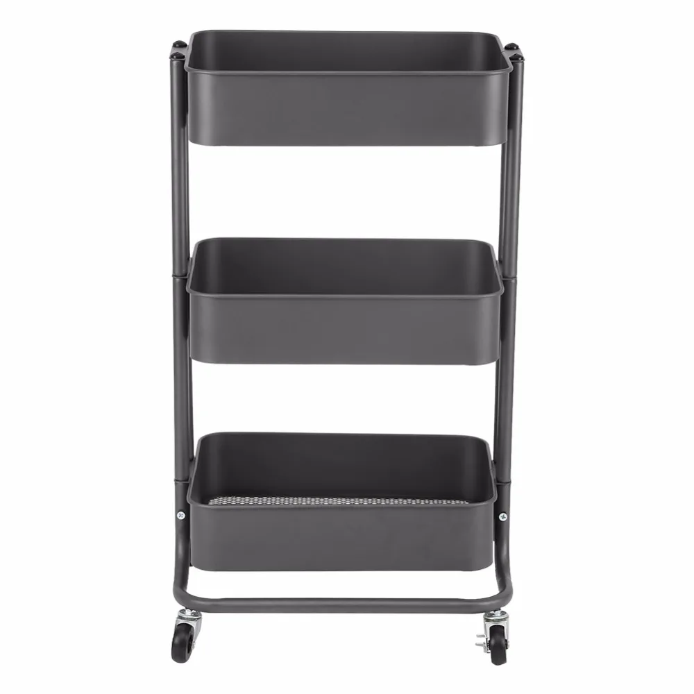 3 Tiers Height Adjustable Storage Rack Trolley Sturdy Cart Slim Rolling Trolley With Wheels for