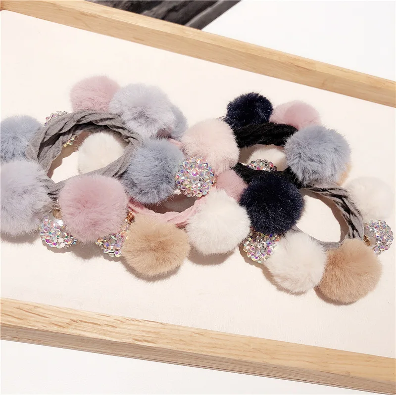 Красивые помпонами из кроличьего меха лентой Scrunchie хвост веревочные обручи для волос женская заколка для волос милые Головные уборы аксессуары для волос