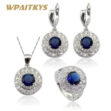 925 серебряные ювелирные наборы для женщин круглый синий кристалл белый циркон ожерелье/кулон/серьги/кольца коробка