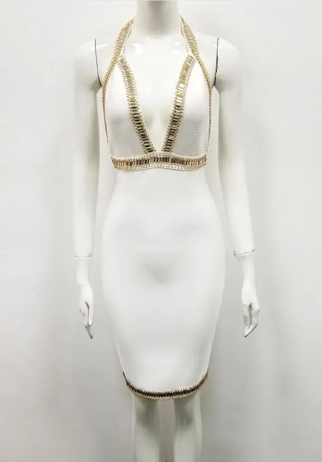4 цвета, высокое качество, сексуальное Бандажное платье с v-образным вырезом и бисером,, трикотажные эластичные вечерние платья - Цвет: Белый