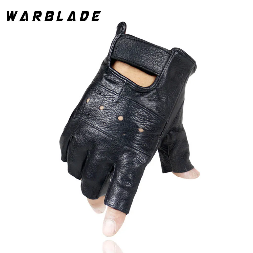 WarBLade Men Genuine Leather Gloves High Quality Slip-resistant Luvas Half Finger Sheep Leather Fingerless Gloves gants moto mens fingerless mittens Gloves & Mittens