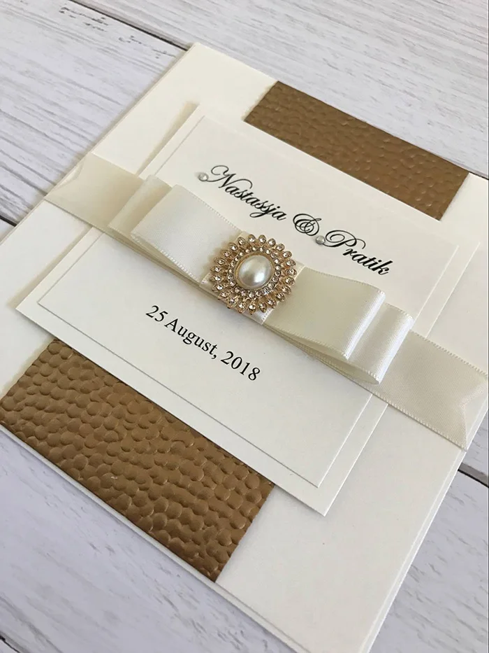  Luxury Gold/Silver/White Embossed Pebble Wedding Invitations with Pearl and Crystal Embellishment - 32763217134