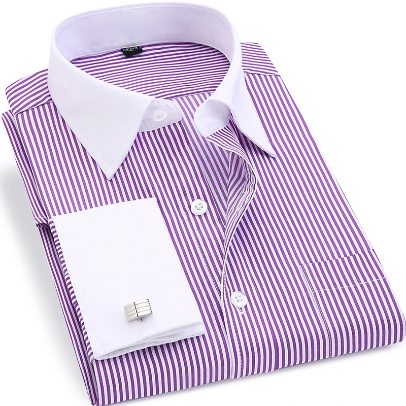 High Quality Striped Men French Cufflinks Casual Dress Shirts Long Sleeved White Collar Design Style Wedding Tuxedo Shirt 6XL
