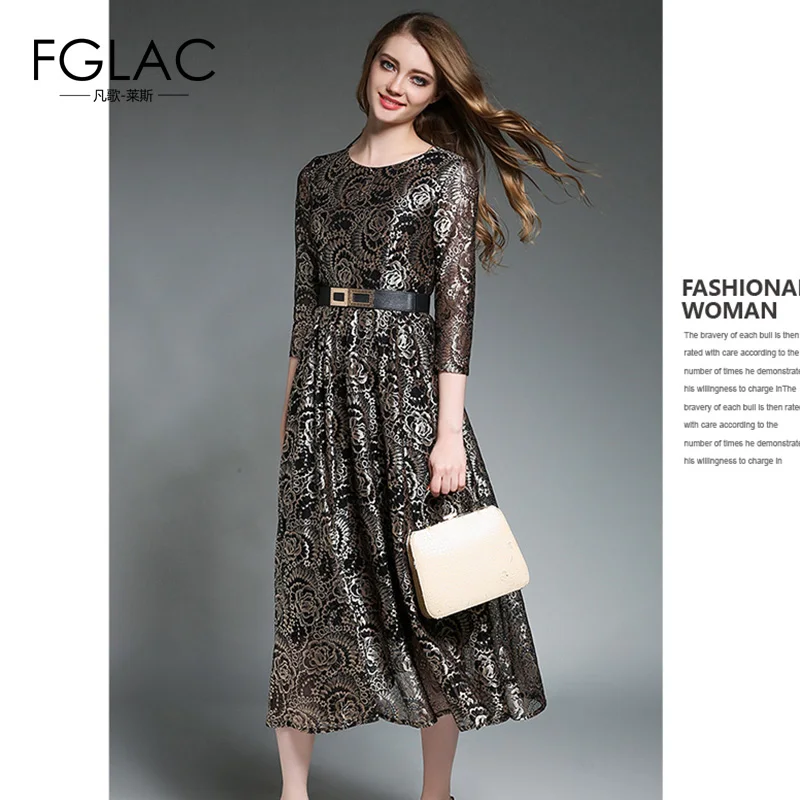 FGLAC Vintage dress New Arrivals 2018 Spring Fashion Hollow out lace dress Elegant Slim High waist long dress women vestidos