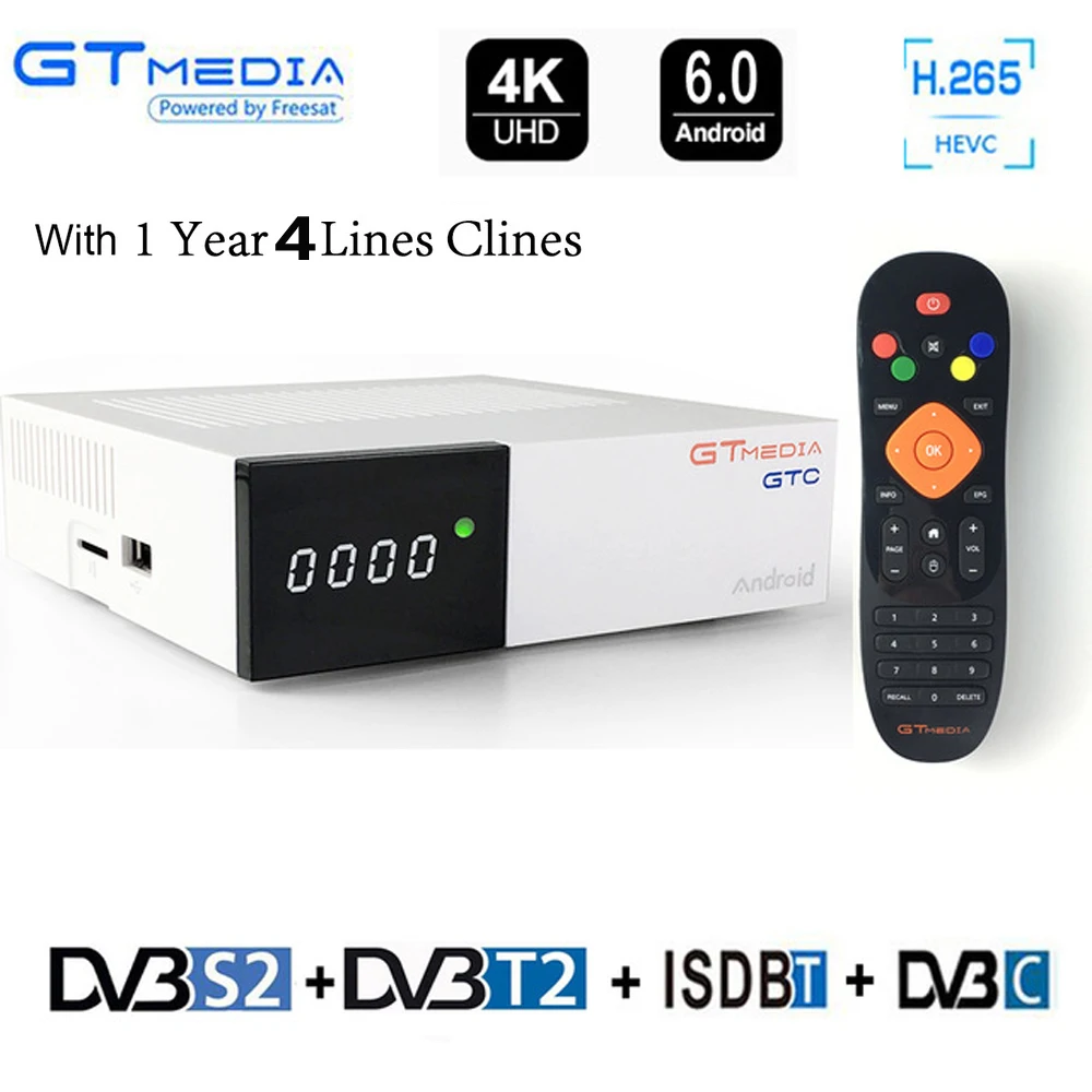 

Gtmedia GTC FTA Satellite Receiver DVB S2 Biss VU Cline Receptor DVB-C Tuner dvb T2 4K Android tv box ISDB-T Bluetooth 4.0 IPTV