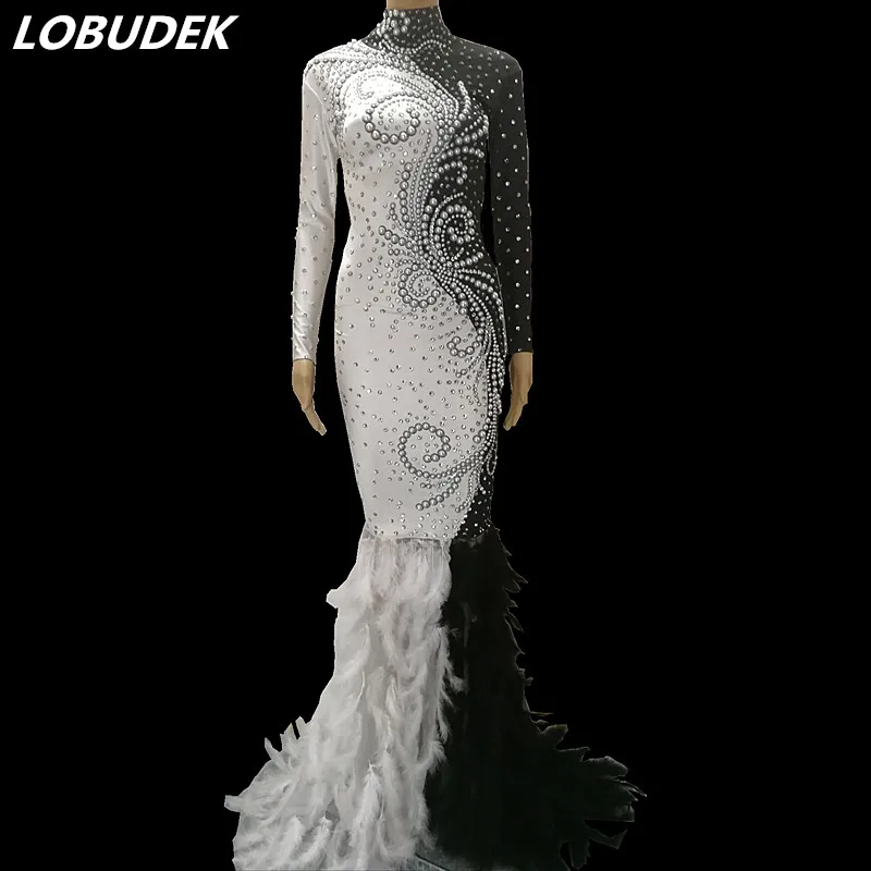 Black White Pearls Rhinestones Trailing Dress Sexy Feathers Leotard ...