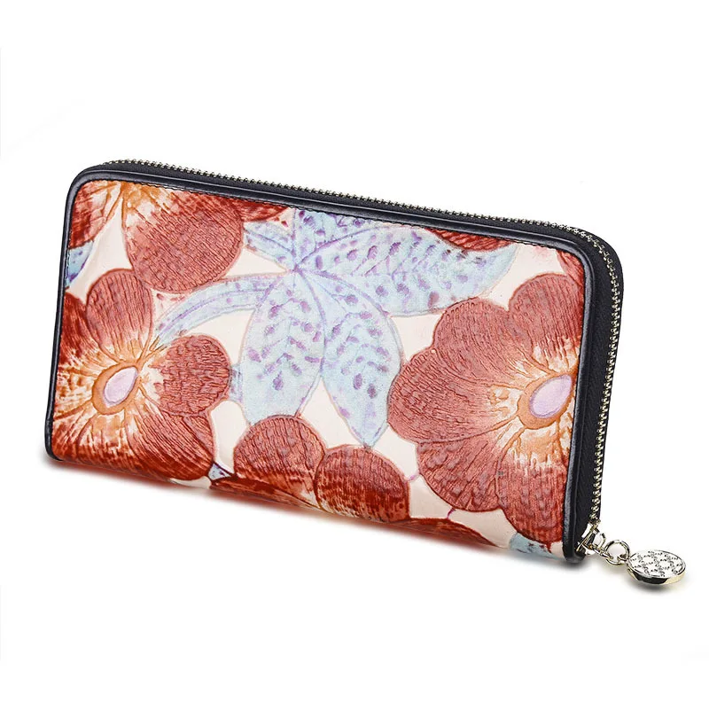 3D Art Long Wallet Red Embossed Flower Real Genuine Leather Zipper