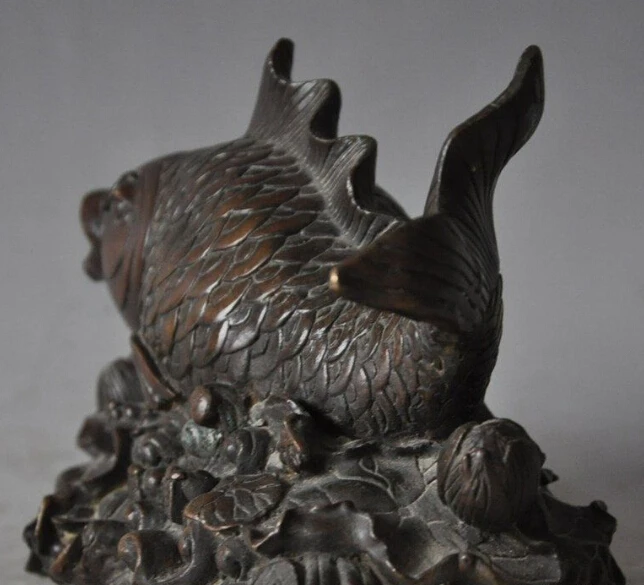 

S0564 8" China Fengshui Bronze Good luck Wealth Goldfish Fish Lotus Statue Decorative