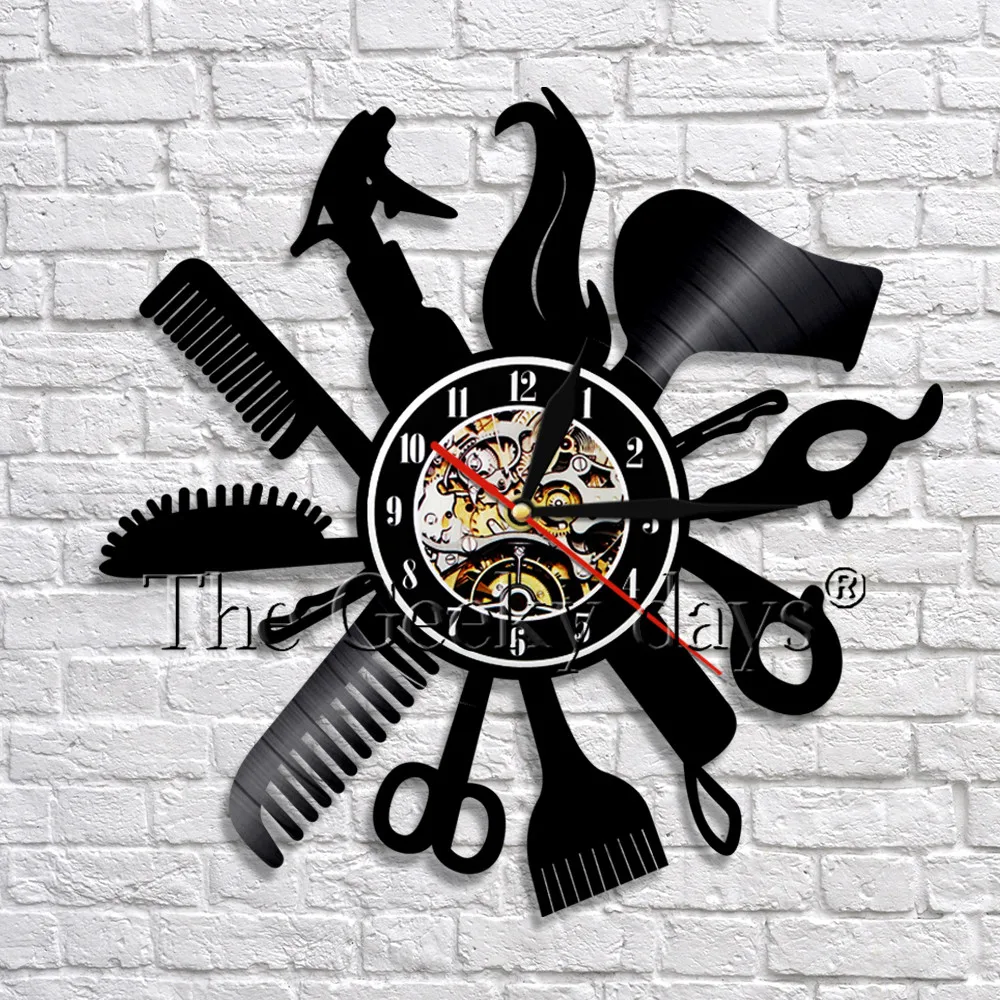 

Hairdresser Barber Shop Tool Modern Design Vinyl Wall Clock 3D Laser Etched LP Record LED Lighting Clock Home Decoration