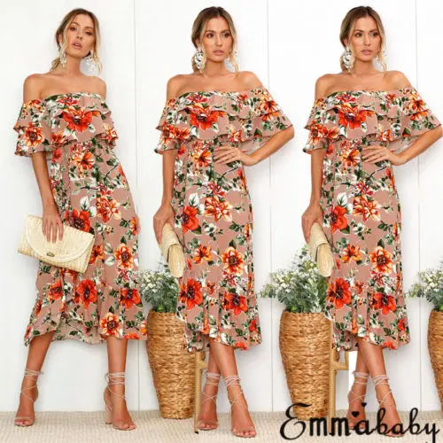 

2018 Summer Women Off Shoulder Midi Pretty Dress Ladies Summer Ruffle Floral Beachwear