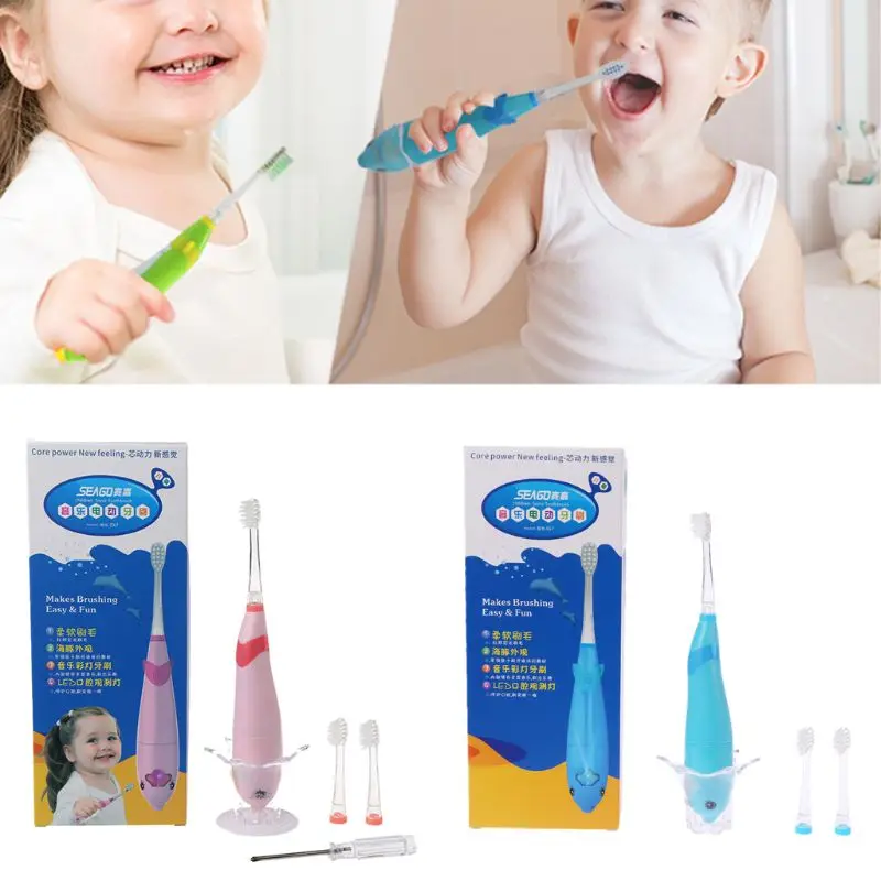 

Seago Cartoon Musical Sonic Dolphin Shape LED Light Electric Toothbrush Waterproof Battery Power Toothbrush with 2 Replace Head