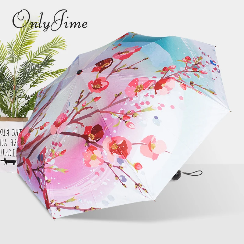 Creative Peach Pattern Small Fresh Umbrella Anti-UV Folding Girls Art Illustration Cartoon Shape Sunny and Rainy | Дом и сад