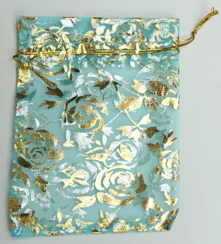 

ALY Wholesale 100pcs/lot 15x20cm Rose Gold Bronzing Organza Bags Lake Blue Jewelry Bags And Packaging Small Drawstring Pouches