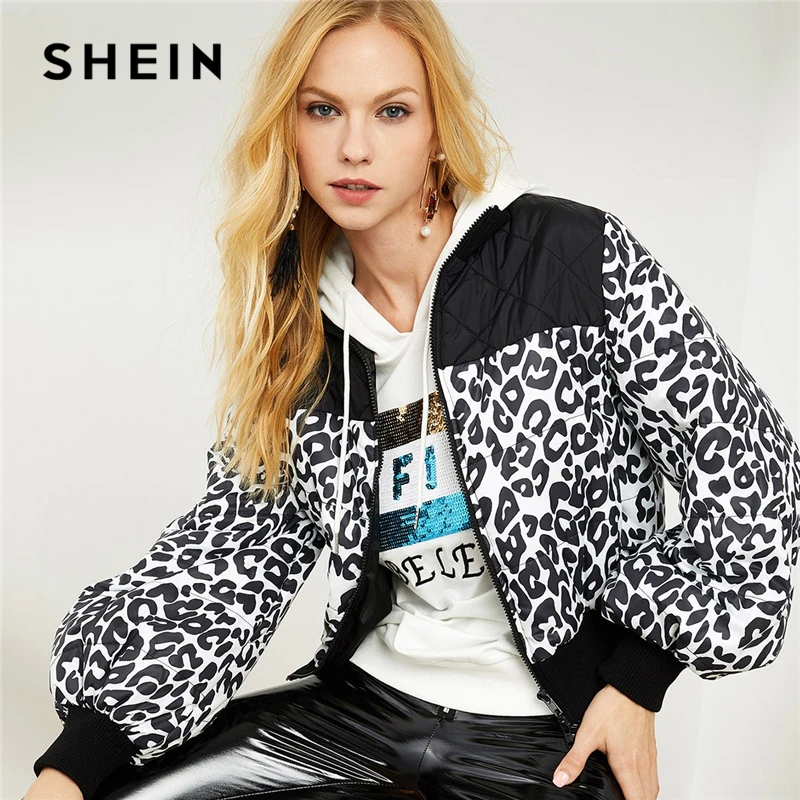 SHEIN Black And White Elegant Preppy Textured Panel Zip Up Leopard Stand Collar Jacket Autumn 