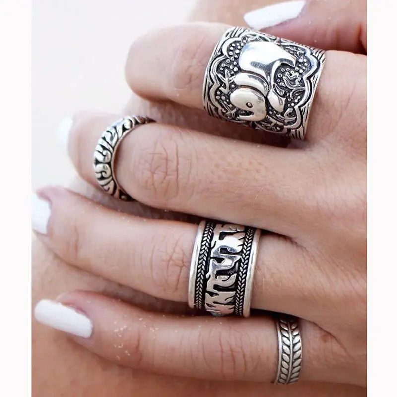 

Yumfeel 4pcs/Set Vintage Silver Plated Punk Ring Set Elephant Totem Leaf Lucky Rings for Women Boho Beach Jewelry