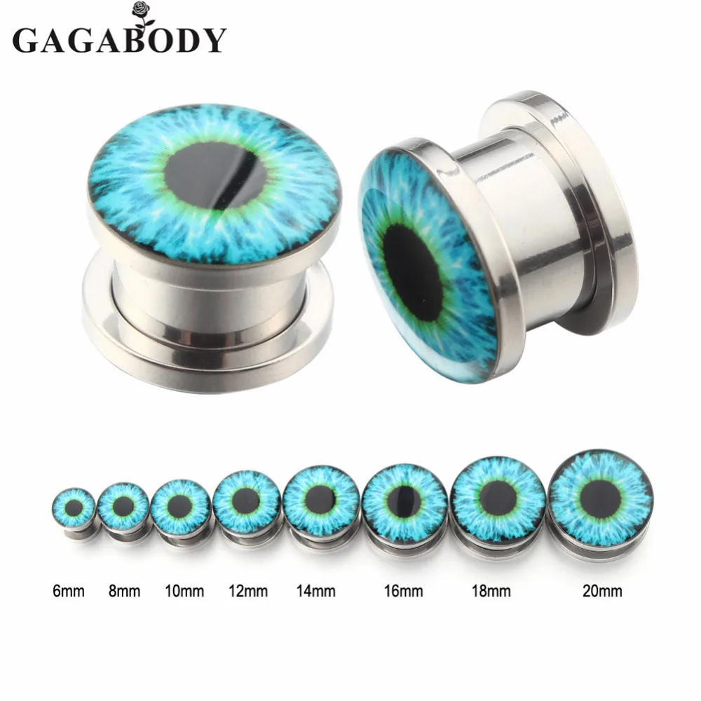 GAGA Piercing 1pair 6G 20mm Hot Punk Blue Eye Gauge Stainless Steel