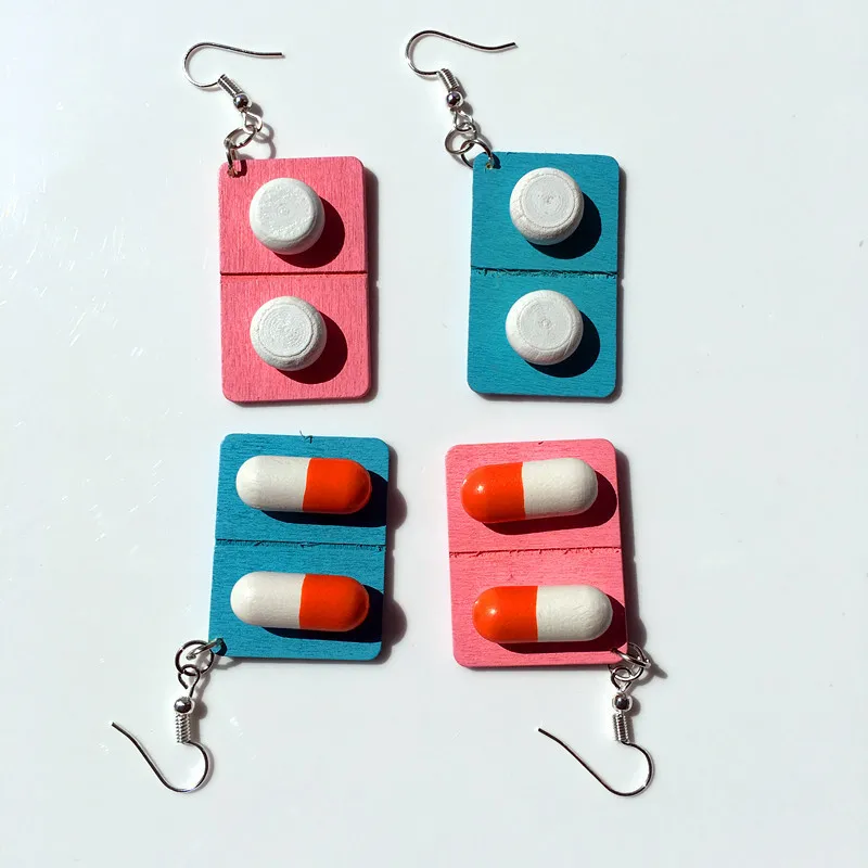

Fashion cute creative wooden capsule drop earrings funny lovely pills medicine Dangle Earrings Unique jewelry gift for girl