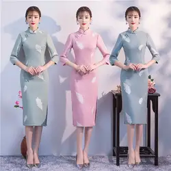 Традиционный для женщин Повседневное платье осень зима новый Qipao воротник стойка Тонкий длинный Cheongsam три четверти рукав Vestidos M-XXXL