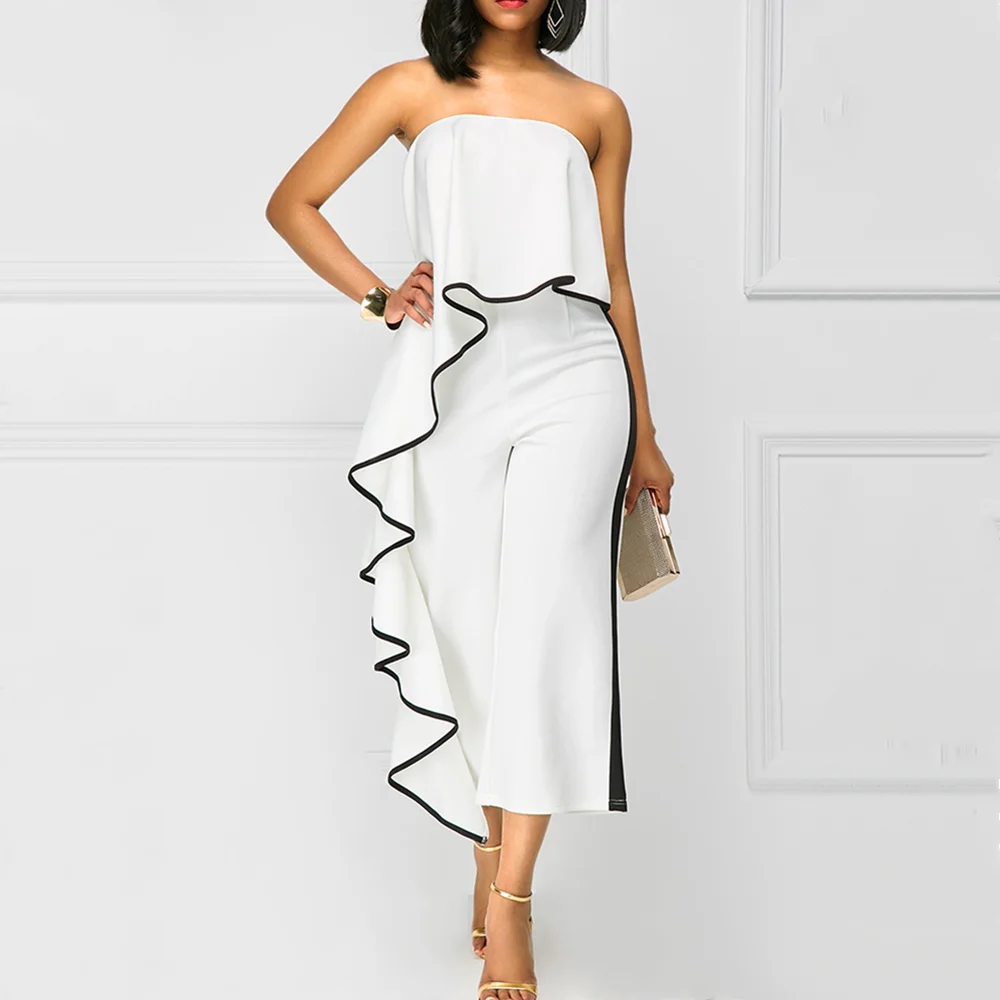 White Red Sexy Summer Women Jumpsuits Long Trousers Strapless Loose Solid Elegant Playsuits Casual Office Lady Romper Robe Femme