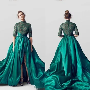 

Vestido Noche Elegante Largo Green Lace Evening Dress Vintage High Neck Half Sleeve Formal Party Gowns with Split