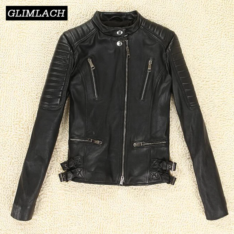 Овчина натуральная кожа мотоциклетные байкерские куртки женские черные короткие тонкие натуральные кожаные пальто женская модная одежда