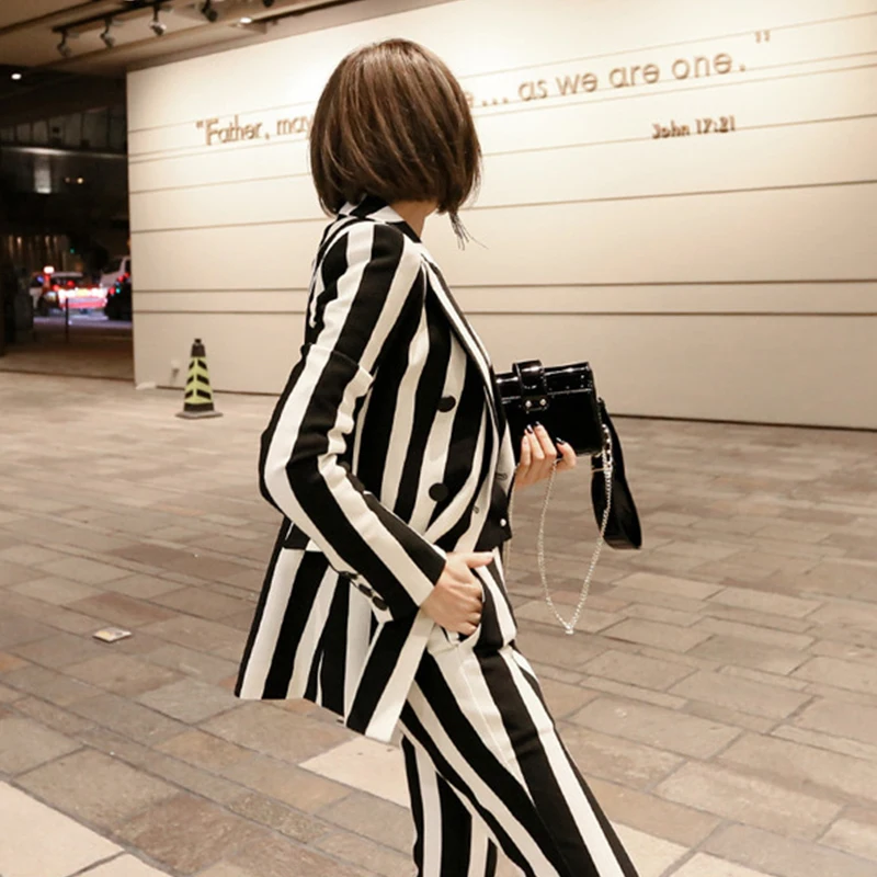 New fashion autumn women's OL professional temperament double-breasted fashion warm striped blazer slim pants two-piece set