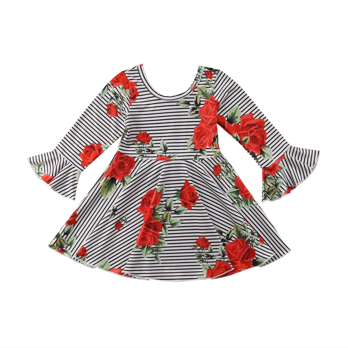 Toddler Baby Girls Summer Lovely Pretty Dress Long Flare Sleeve Striped Floral Print A-Line Knee-Length Outfit 1-6Y | Детская одежда и