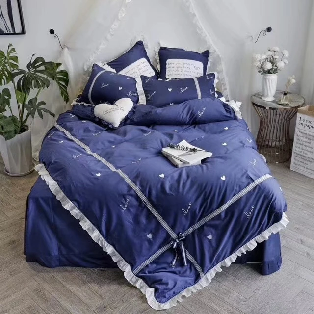 

Ms.O 100% Cotton High Quality Embroidered Navy Blue Ruffle Lace Stripe Bow Duvet Cover Set Upgrade Contrast Color Bedding Set