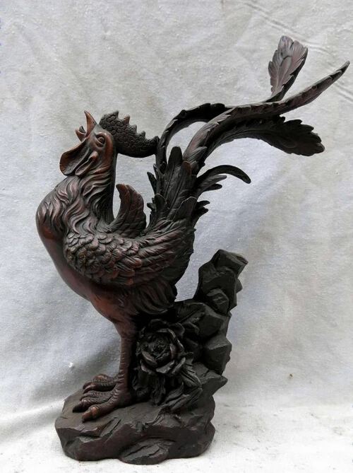 

wholesale factory China red bronze workmanship lucky rooster peony Sculpture Statue