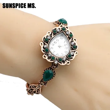 

Vintage Turkish Green Resin Charm Bracelets Watch For Women Spring Flower Jewelry Quartz Watch Antique Bronze Color 2018 New
