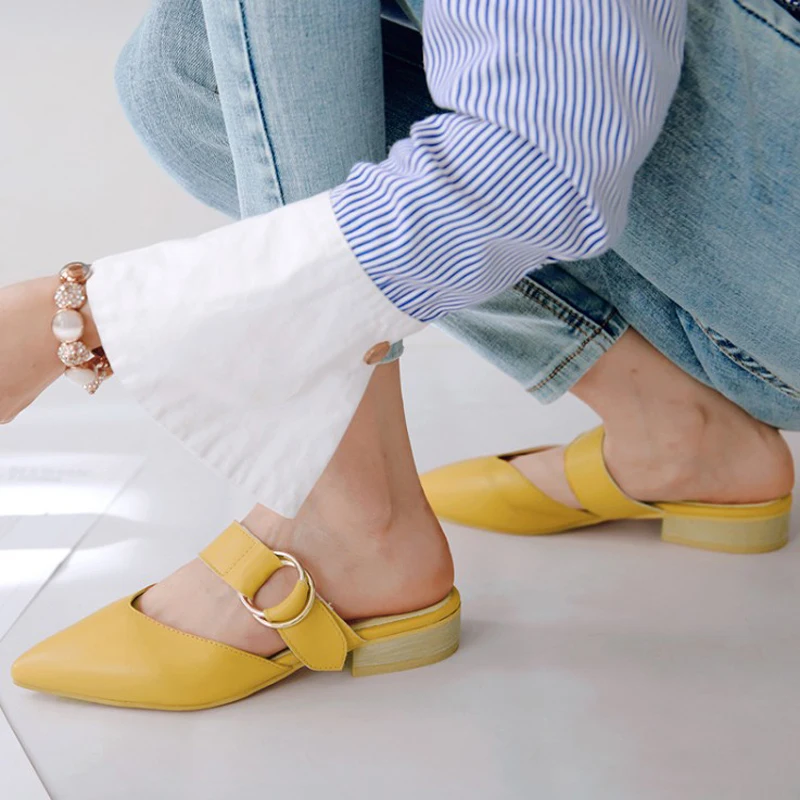 

Summer Square Low Heels Pointed Toe Yellow Buckle Woman Outdoor Slippers Ladies Shoes Women Plus Size XWT1862