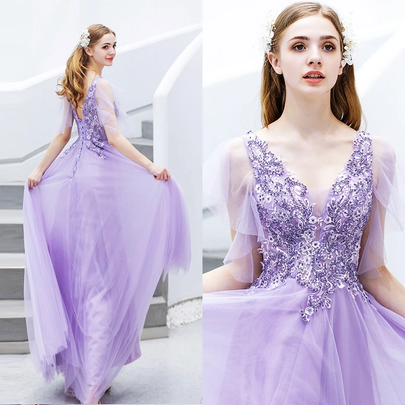 Light Purple Prom Dresses For Girles V Neck Sheer Sleeve Appliques robe de soiree Appliques Formal Party Tulle Evening Gown