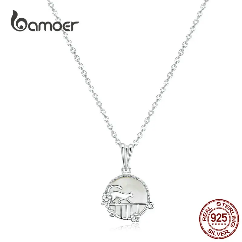 

bamoer Strolling Cat Animal Pendant Necklace for Women 925 Sterling Silver Natural Shell Chain Necklace Korean Jewelry SCN334
