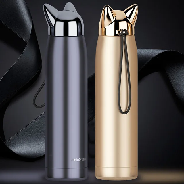 

Auto Cup Double Wall Thermos Bottle Stainless Steel Vacuum Flasks Cups Cute Cat Fox Ear Thermal Coffee Tea Milk Travel Mugs