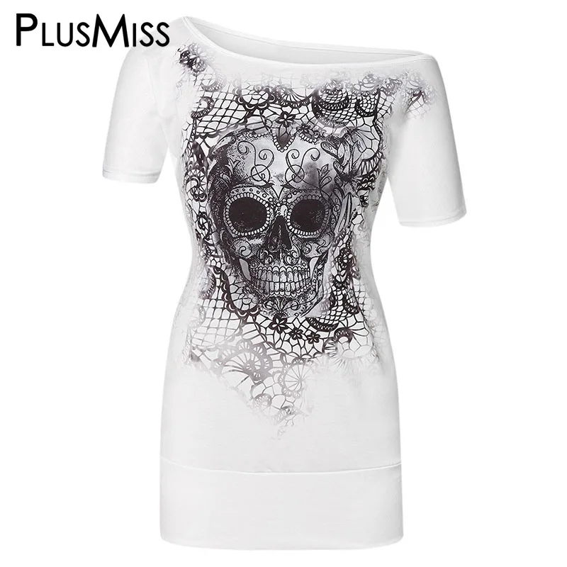 

PlusMiss Plus Size XXXXXL Skull Floral Print Off Shoulder T Shirts Women Clothes Big Size XXXXL XXXL Summer Short Sleeve Top Tee