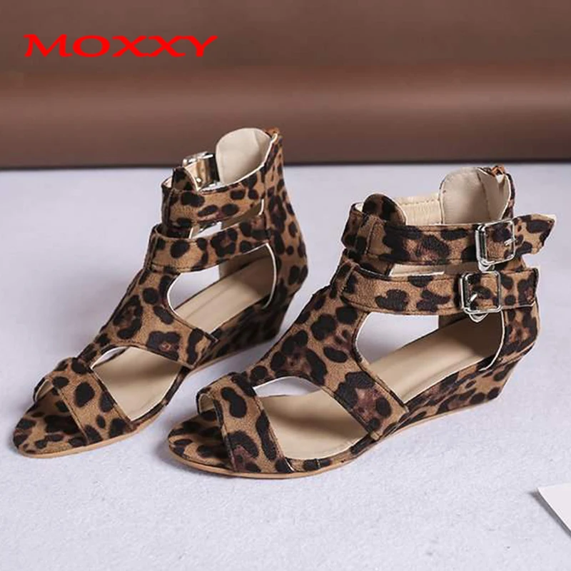 

Plus Size 43 Sexy Leopard Sandals Women Sandals 2019 Ladies Summer Wedge Shoes Woman Black Leather Platform Gladiator Sandalen