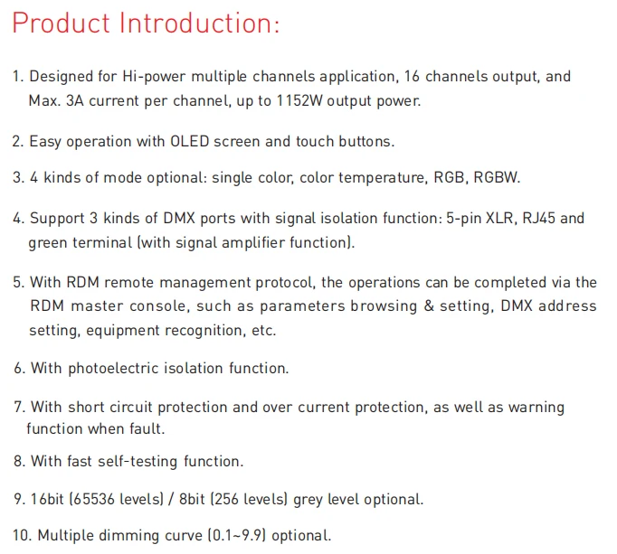 Светодио дный DMX-PWM декодер; DC12-24V вход; 3A* 16CH Max 48A 1152 Вт выход XLR-3/RJ45/Зеленый терминал Порты и разъёмы 16 Декодер каналов