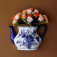 Teapot Shape Vase Metope Vase Ceramic Wall Hanging Flower Receptacle Jingdezhen Blue and White Porcelain Flower Vases 1