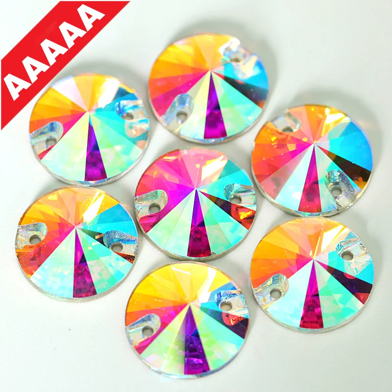 

High Quality Crystal AB Glass Round Rivoli Sew On Rhinestone Flatback Gold Champagne Sewing Rhinestone For Wedding Dress B3377