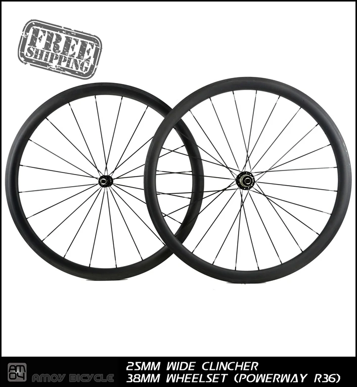 

Free shipping 700C 25mm wide 38mm clincher V brake carbon wheelsets with R36 carbon hub glossy or matte road bicycle wheels